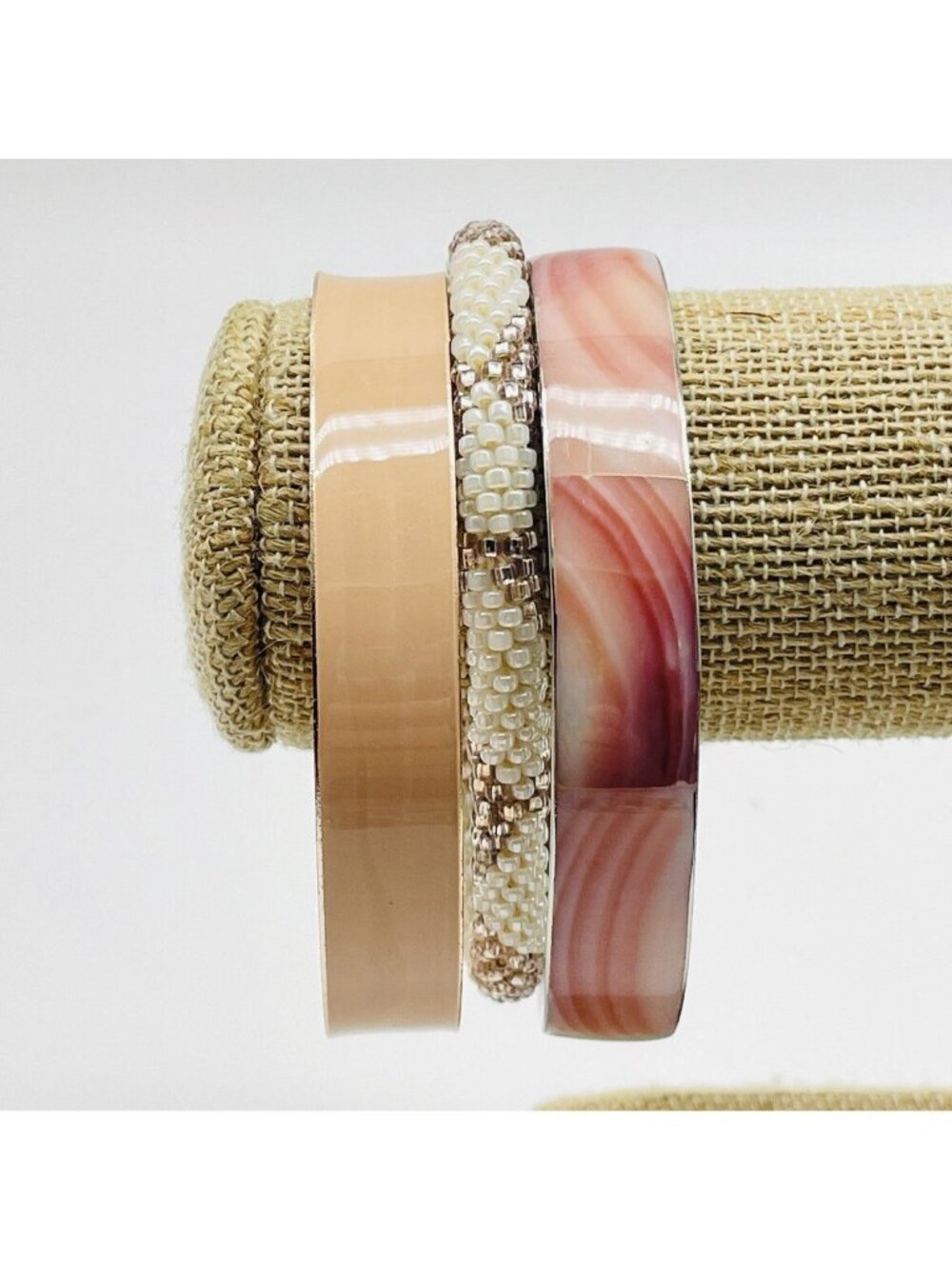 Bangle Bracelets Lot of 3 Silver Tone Enamel and Mesh Stretch Stack Set